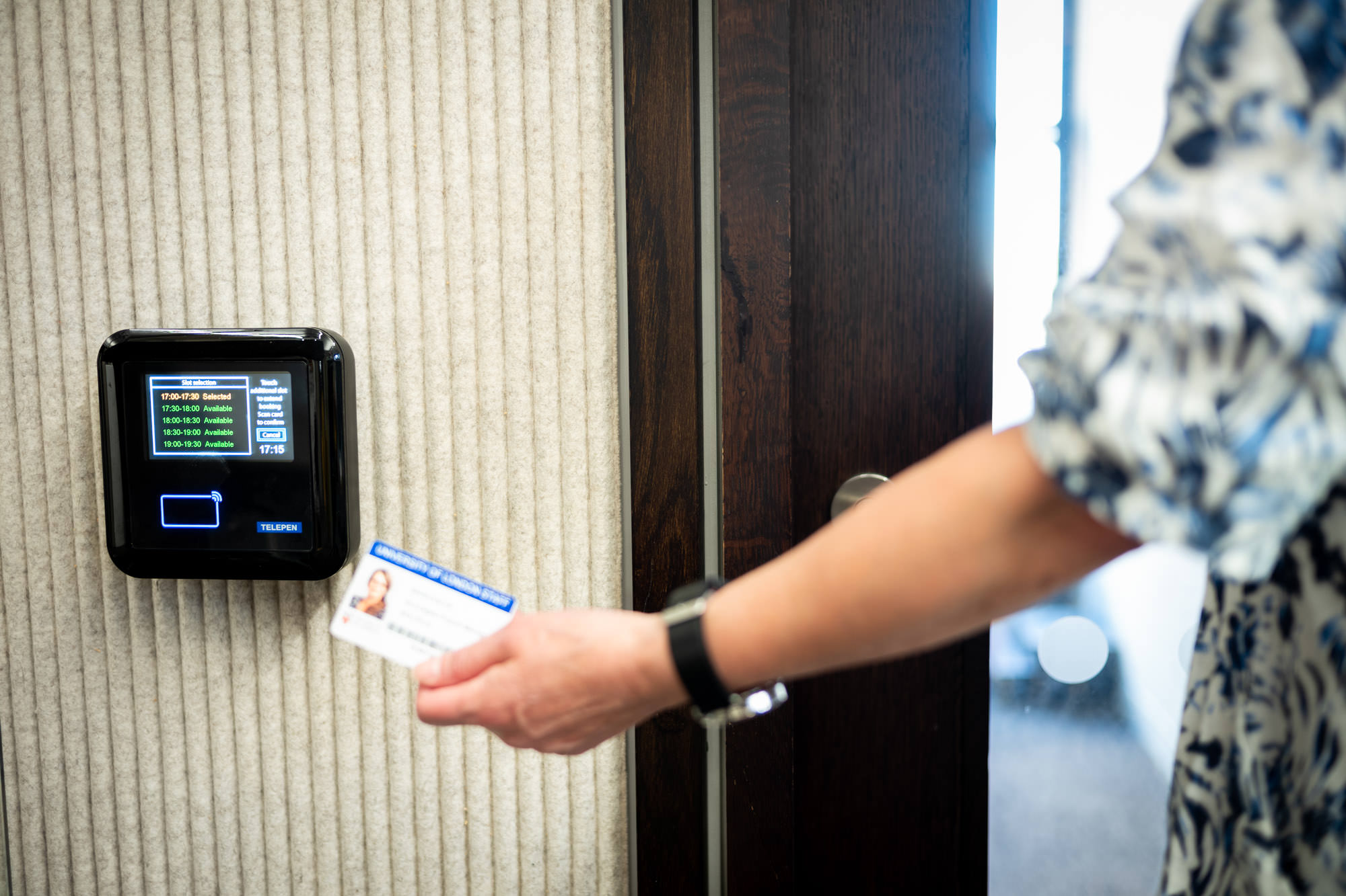 Close up of access control panel on an office door