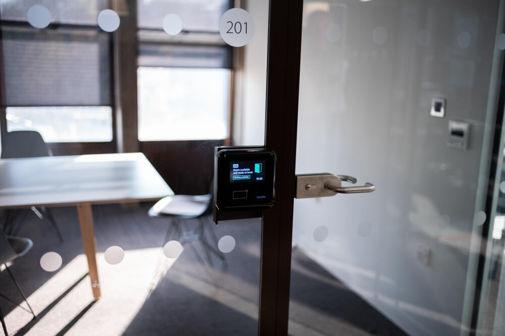 Close up of access control panel on office door